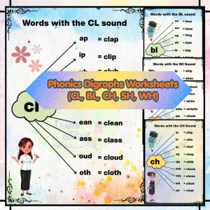 UKG - Phonics Digraphs Worksheets (CL, BL, CH, SH, WH) – Fun Practice Set of 5 | Printable PDF