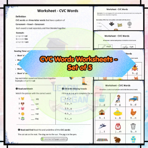 UKG - CVC Words Worksheets - Phonics Reading, Missing Letters & Word Practice | Printable PDF (Set of 5)