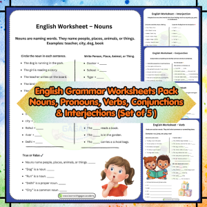 Grade 3 English Grammar Worksheets Pack | Nouns, Pronouns, Verbs, Conjunctions & Interjections (Set of 5)