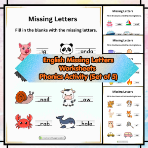 LKG - English Missing Letters Worksheets | Fill in the Blanks Phonics Activity (Set of 5) Printable PDF