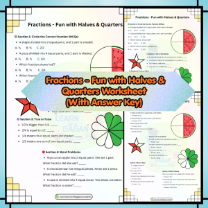 Grade 2 & 3 - Fractions - Fun with Halves & Quarters Worksheet with Answer Key | Printable Maths Practice