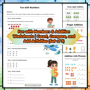 Fun with Numbers & Addition Worksheets | Count, Compare, and Add Activities (Set of 5)