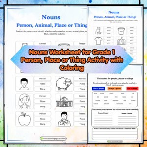 Nouns Worksheet for Grade 1 | Person, Place or Thing Activity with Coloring (Set of 2)
