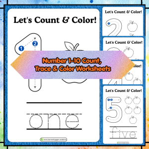 Nursery - Number 1–10 Count, Trace & Color Worksheets | Fun Early Math Practice Pack of 10