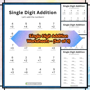 UKG - Single Digit Addition Worksheets - Fun & Easy Math Practice (Set of 5)