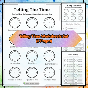 Grade 1 Telling Time Worksheets Set (5 Pages) | Draw Clock Hands, Match Time & Daily Routine Activities