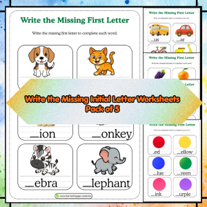 Write the Missing First Letter Worksheets Pack | Fruits, Vegetables, Animals, Colors & Transport (5 Printable Worksheets)