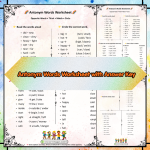 Grade 1 Antonym Words Worksheet with Answer Key | Opposite Words Activities (Match, Circle & Color)
