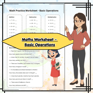 Grade 1 Maths Worksheet – Basic Operations (Addition, Subtraction, Multiplication & Word Problems)