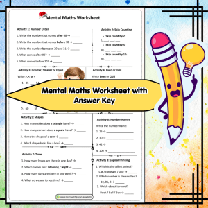 Grade 1 Mental Maths Worksheet with Answer Key – Number Order, Skip Counting, Even & Odd, Shapes, Time & Logic