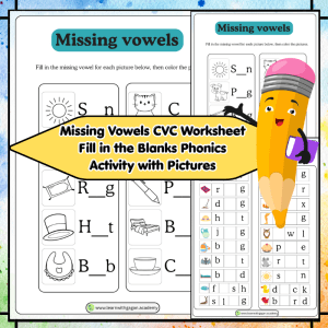 UKG - Missing Vowels CVC Worksheet | Fill in the Blanks Phonics Activity with Pictures (Set of 2)