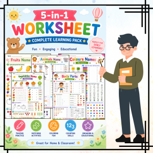 5-in-1 Early Learning Worksheet Pack | Fruits, Vegetables, Animals, Colours & Body Parts Activities