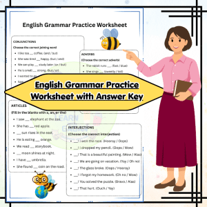 Grade 2 English Grammar Practice Worksheet with Answer Key | Conjunctions, Adverbs, Articles & Interjections