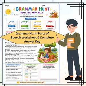 Grammar Hunt: Parts of Speech Worksheet & Answer Key for Grade 2 | Bella’s Sunny Picnic
