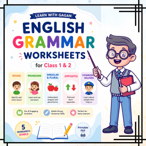 Ultimate English Grammar Worksheets Bundle for Class 1 & 2 | Nouns, Pronouns, Opposites, Singular Plural & Community Helpers