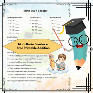 Math Brain Booster – Free Printable Addition, Subtraction, Multiplication & Word Problems Worksheet